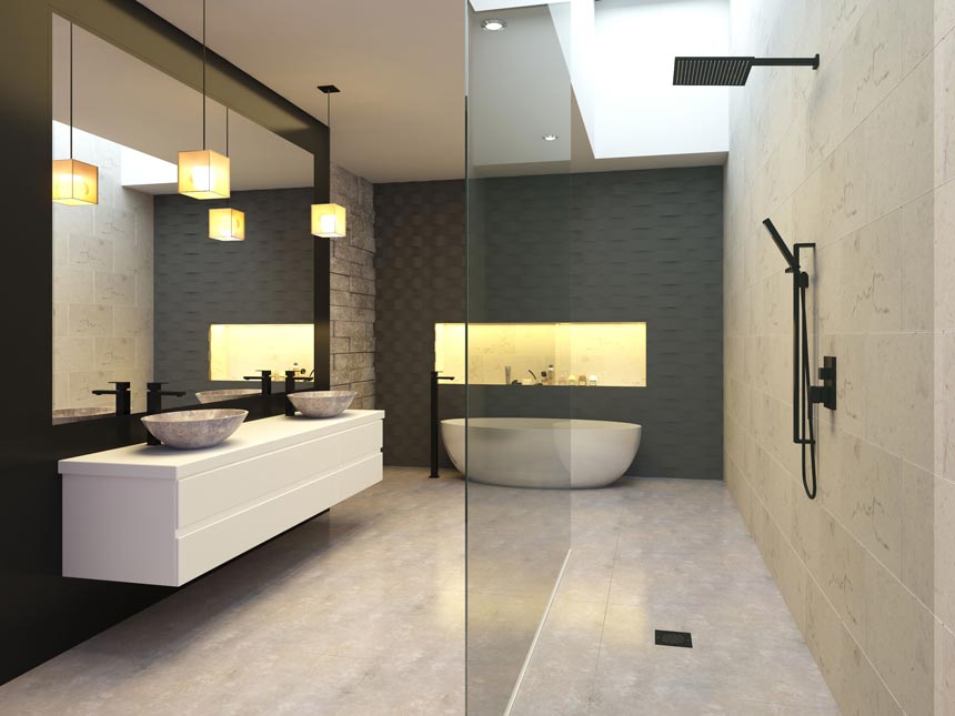 A beautiful contemporary large bathroom with a walk in shower and a tub in the background against a grey accent wall with an alcove. Image by Meir Australia Pty Ltd.