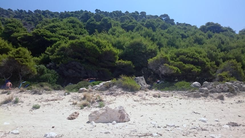 View of the lush greenery that extends down to a sandy beach located on the Western coast of Lefkada in Greece. Image by Velvet Karatzas.