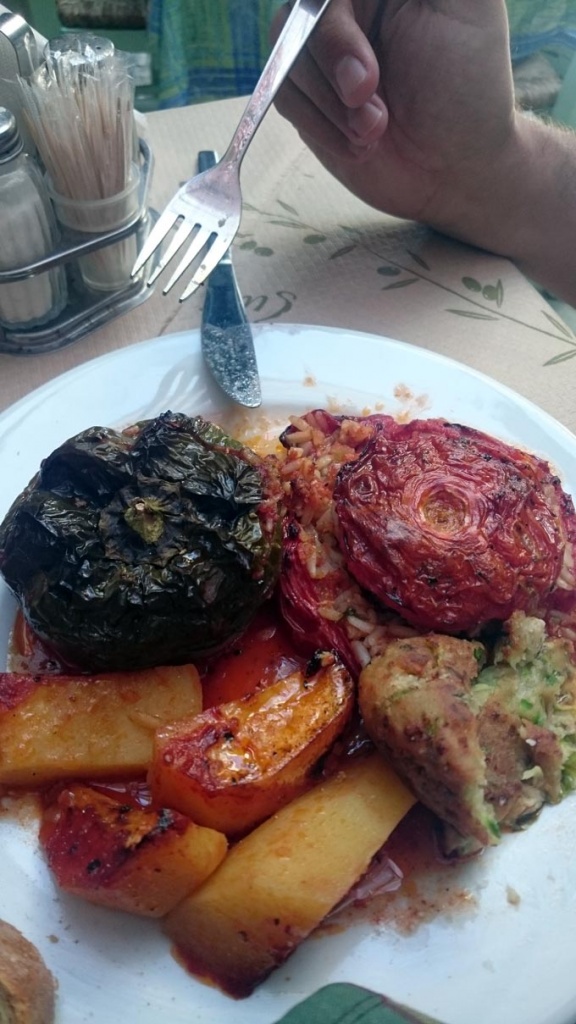 Traditional dish: stuffed tomatoes and green pepper.