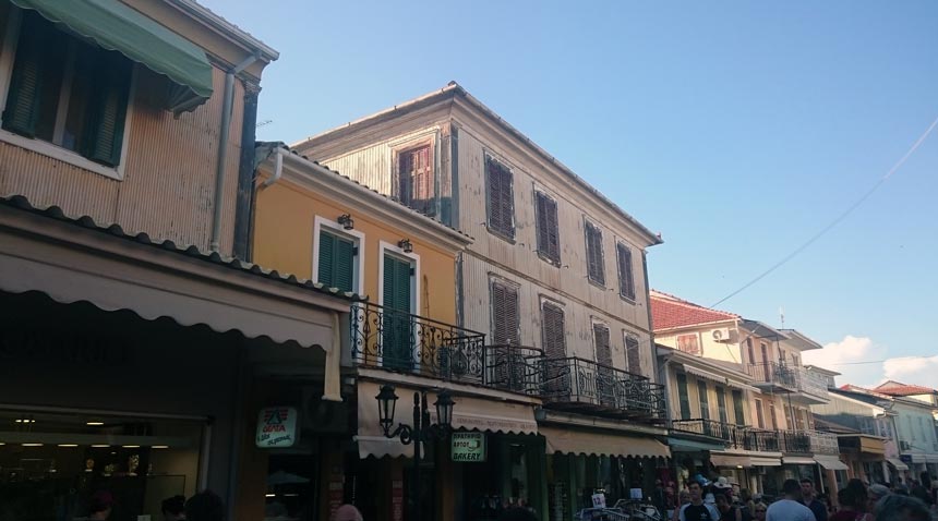 Traditional local exterior facades of homes in Lefkas town, Greece.