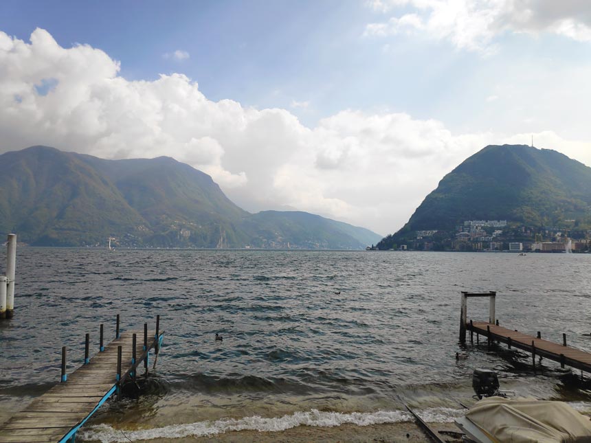 Partial view of Lake Lugano from the city's waterfront.