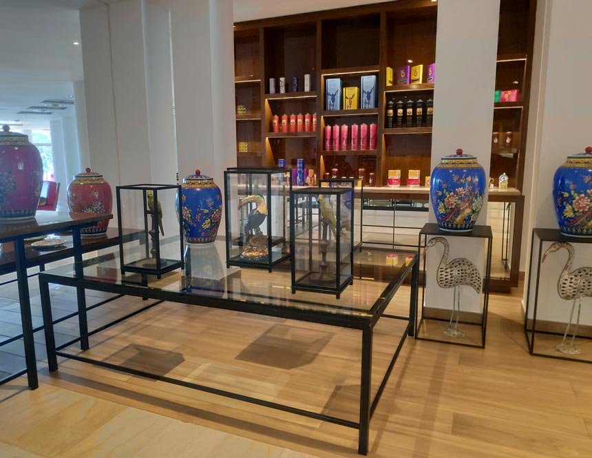 View of the various animal figurines inside display casings at the lobby of Grecotel's Lux Me Rhodos.