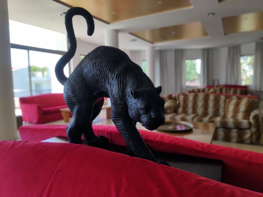 A black panther sculpture as a decorative piece in one of the hotel's lounges in Rhodos.