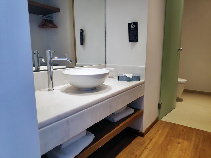 Partial view of a renovated bathroom.