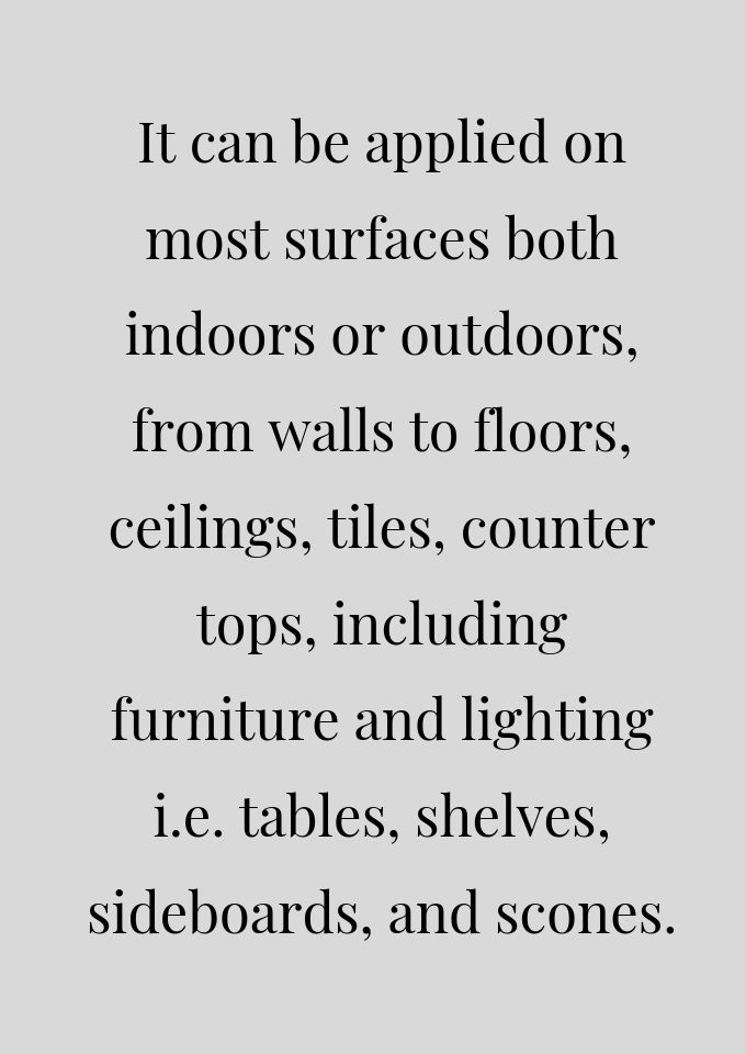 A pullquote from the article that reads "It can be applied on most surfaces both indoors and outdoor, from walls to floors, ceilings, tiles, counter tops, including furniture and lighting i.e. tables, shelves, sideboards, and scones.