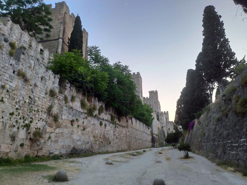 Partial view of the large Venetian fortress in the old town of Rhodes, Greece.