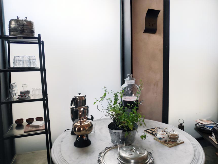 The tea making designated area at the lounge of the Hammam Baths in Athens.