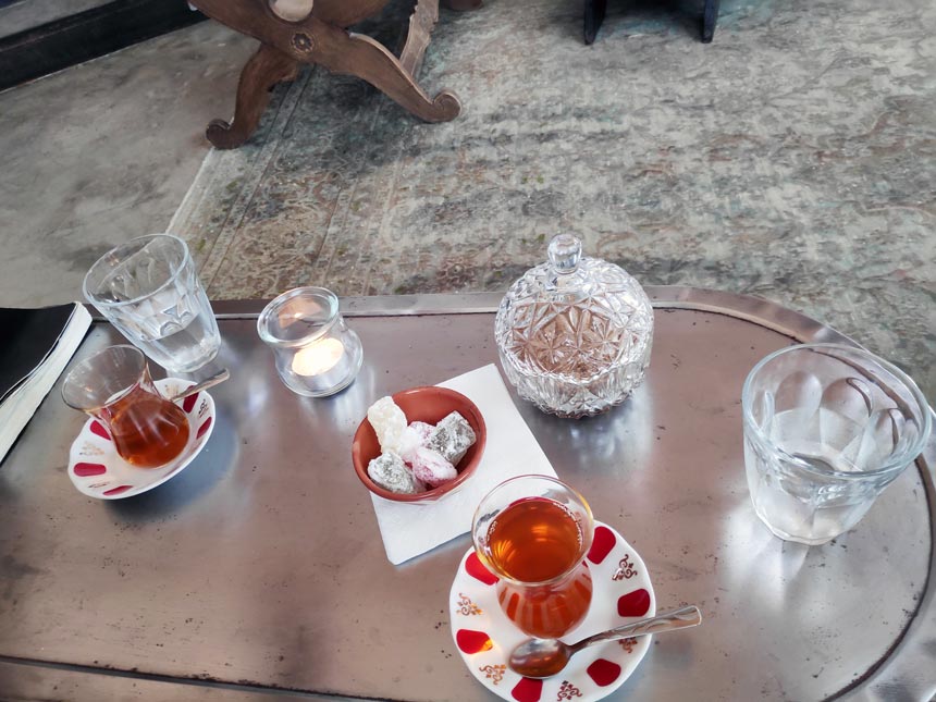 Tea and loukoumi treats after a hammam spa treatment.