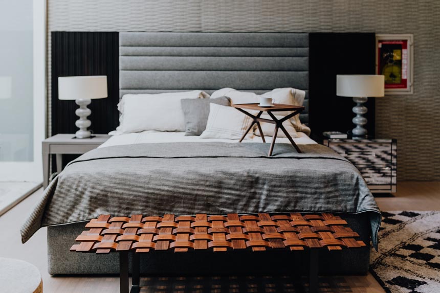 A stylish contemporary bedroom with lots of sculptural patterns going on.