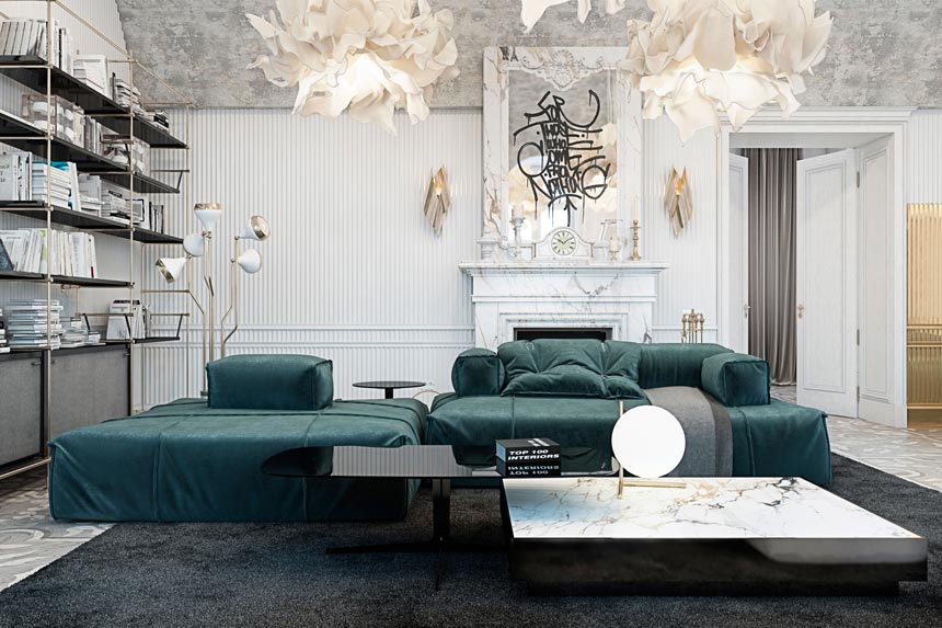 Partial view of a luxurious living room with a green modular sofa, white armchairs, a marble fireplace and lots of cloud like pendant lights..