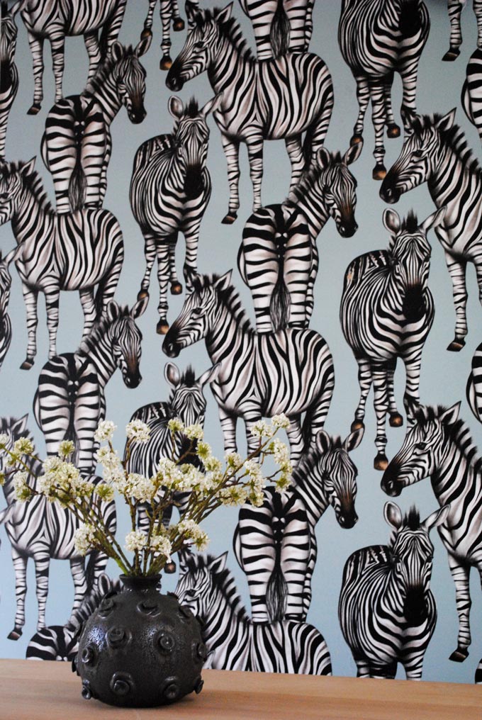 Decorating ideas with stripes: A blue wallpaper with a zebra print on it. This is a brilliant way to introduce stripes in a room. Image via Charlton Island.