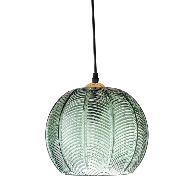A pale green glass pendant light shaped like a palm leaf. Image by Cult Furniture.