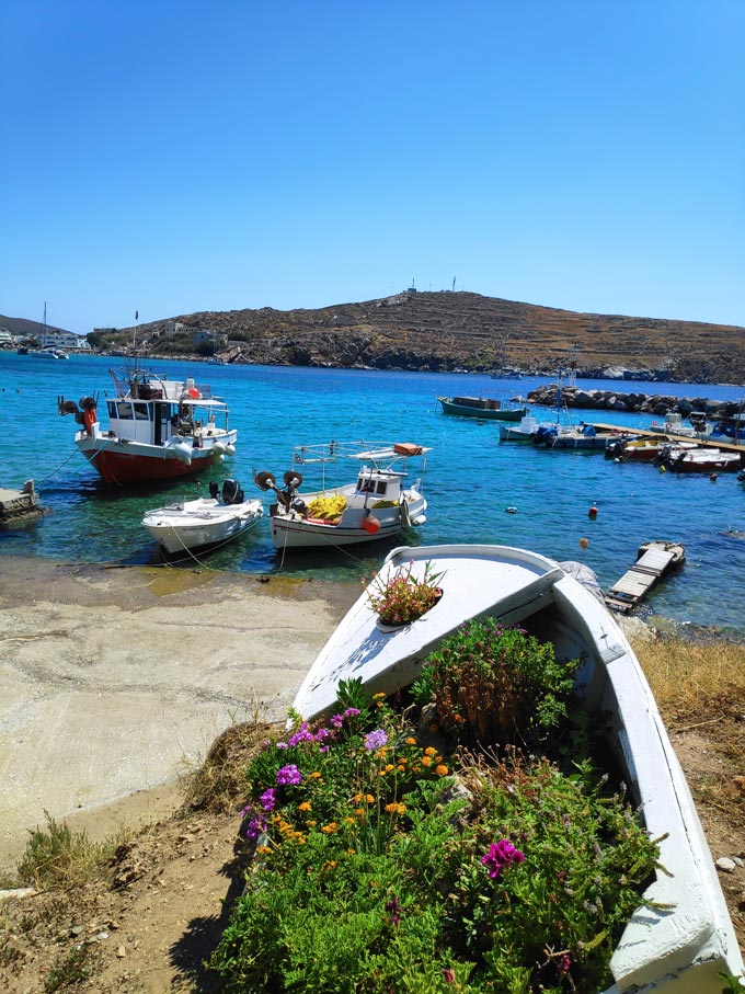 An old boat ashore used a planter in the foreground and fishing boats docked in the background.