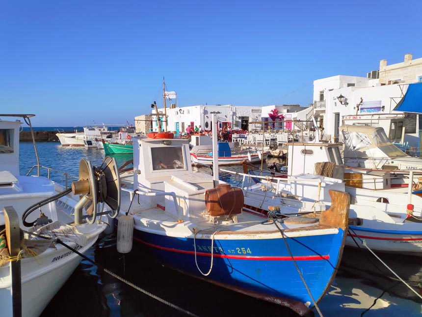 Fishing boats docked at Naoussa's port in Paros.