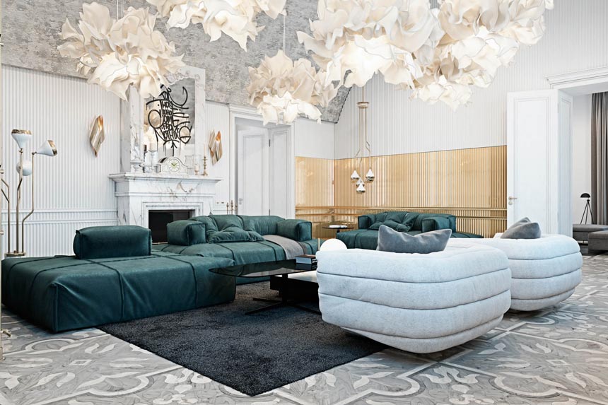 Partial view of a luxurious living room with a green modular sofa, white armchairs and lots of cloud like pendant lights..