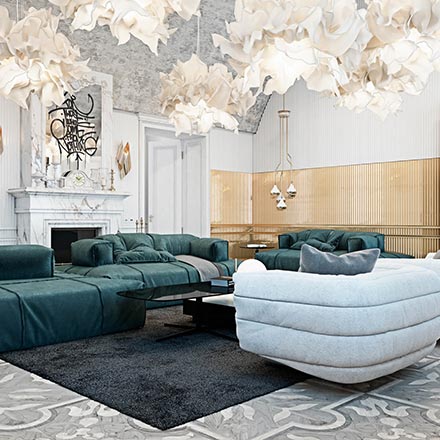 Partial view of a luxurious living room with a green modular sofa, white armchairs and lots of cloud like pendant lights..