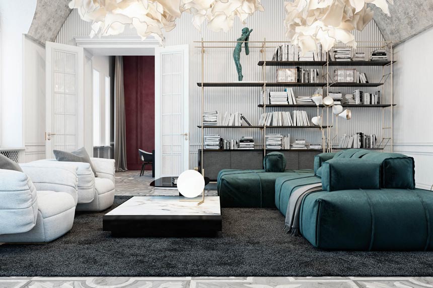 Partial view of a luxurious living room with a green modular sofa and white armchairs. 