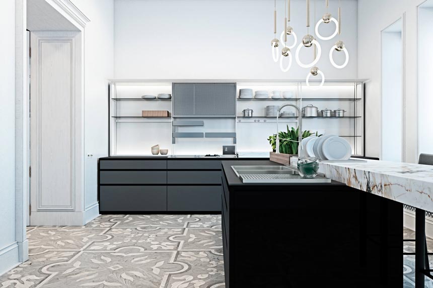 A contemporary kitchen that looks sleek and understated yet with a strong impact, featuring a pattern floor and black cabinetry.