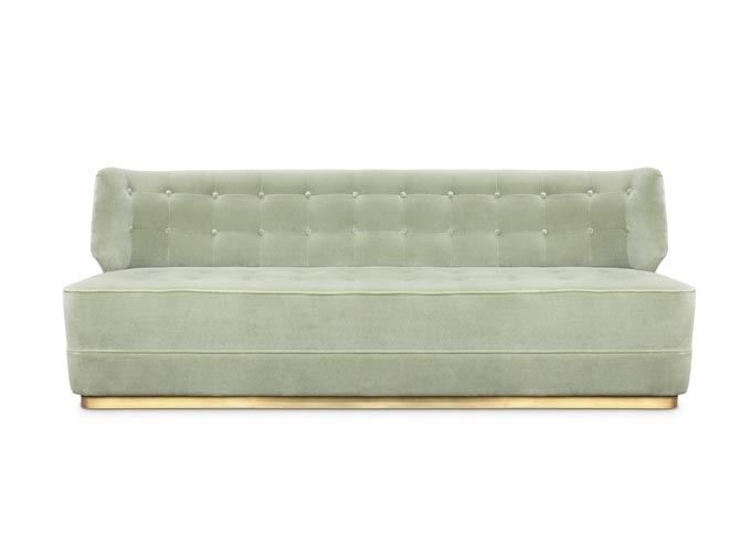 A soft greyish almost pale green velvet sofa to give that awe factor. Looks like Tranquil Dawn color of the year 2020. Image: Brabbu Design Forces.