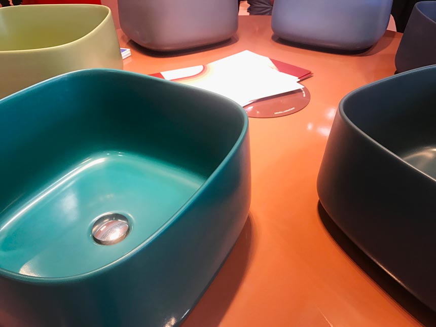 Several colored washbasins from Artceram at Cersaie 2019.