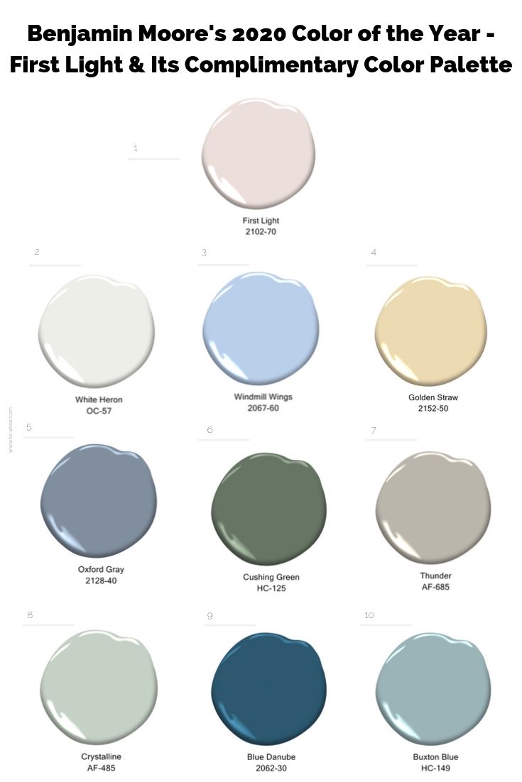 Benjamin Moore's Color of the Year 2020 First Light and its complimentary color palette.