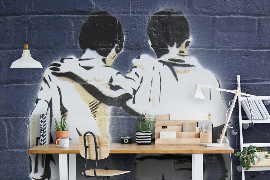 A graffiti inspired wallpaper mural with 'friends' as a theme from Wallsauce. Image via Wallsauce.