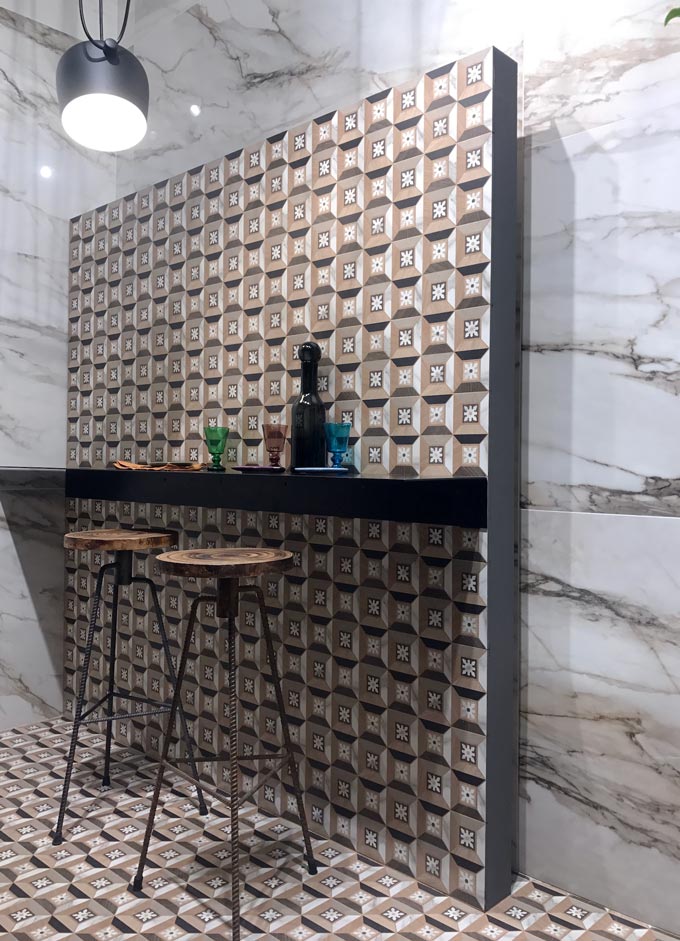 A vignette with tiles from the booth of Santagostino at Cersaie 2019.