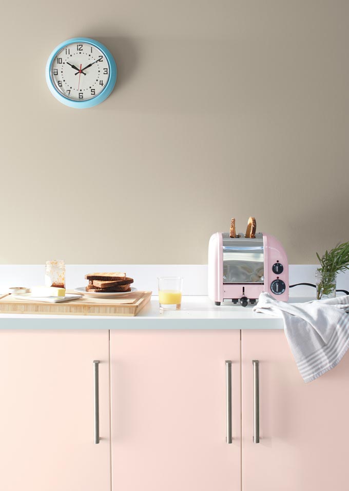 A pink kitchen after BM's First Light Color of the Year 2020. Image via Benjamin Moore.
