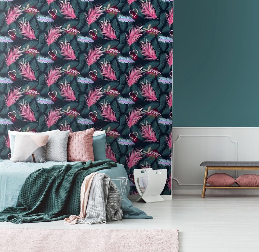 A bold and vibrant print pattern wallpaper that is ideal for a teenagers room. Image via Cultfurniture.