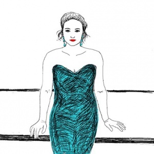A sketch of a woman in a strapless blue green outfit.