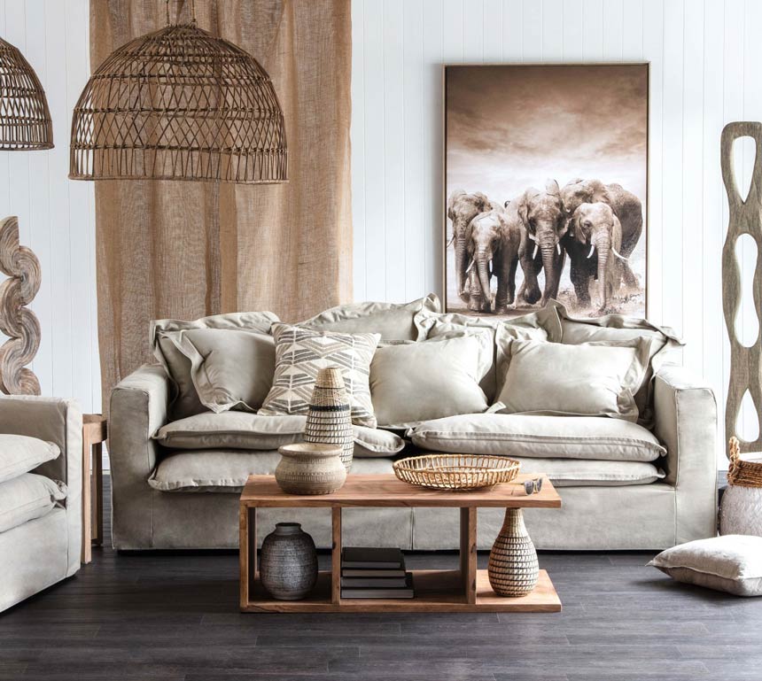 An eclectic Scandi boho living room with a very soft and neutral color palette. Image via OZ Design Furniture.