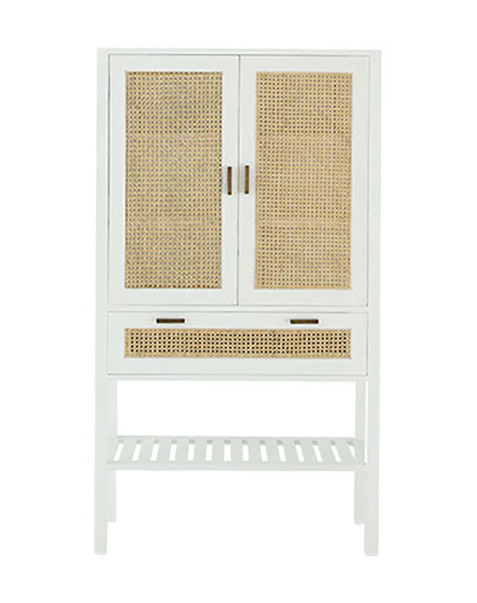 A cut out image of a white cabinet with rattan details. Image by OZ Design Furniture.
