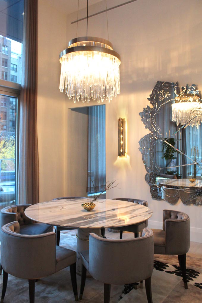 Modern dining room with AGRA marble dining table and the grey BOURBON chairs. Image via Brabbu Design Forces.