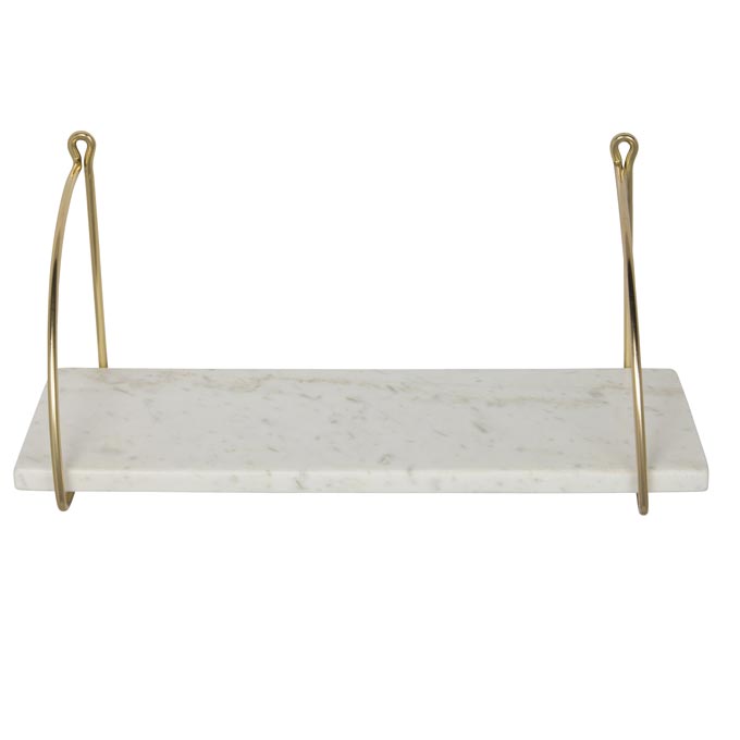 A white marble bathroom shelf with brass details from Audenza. Marble decor ideas.