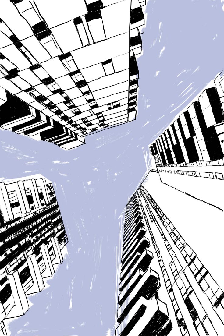An illustration of a cityscape as you look up into the sky and the scrapers appear to come together. It represents the unknown you face when leaving your hometown.