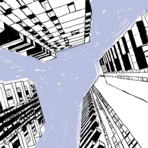An illustration of a cityscape as you look up into the sky and the scrapers appear to come together.