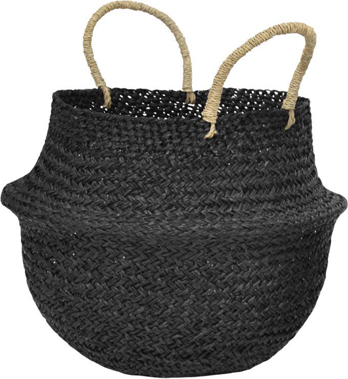 Cut out image of a black seagrass boho inspired basket with natural handles. Image via Cult Furniture.
