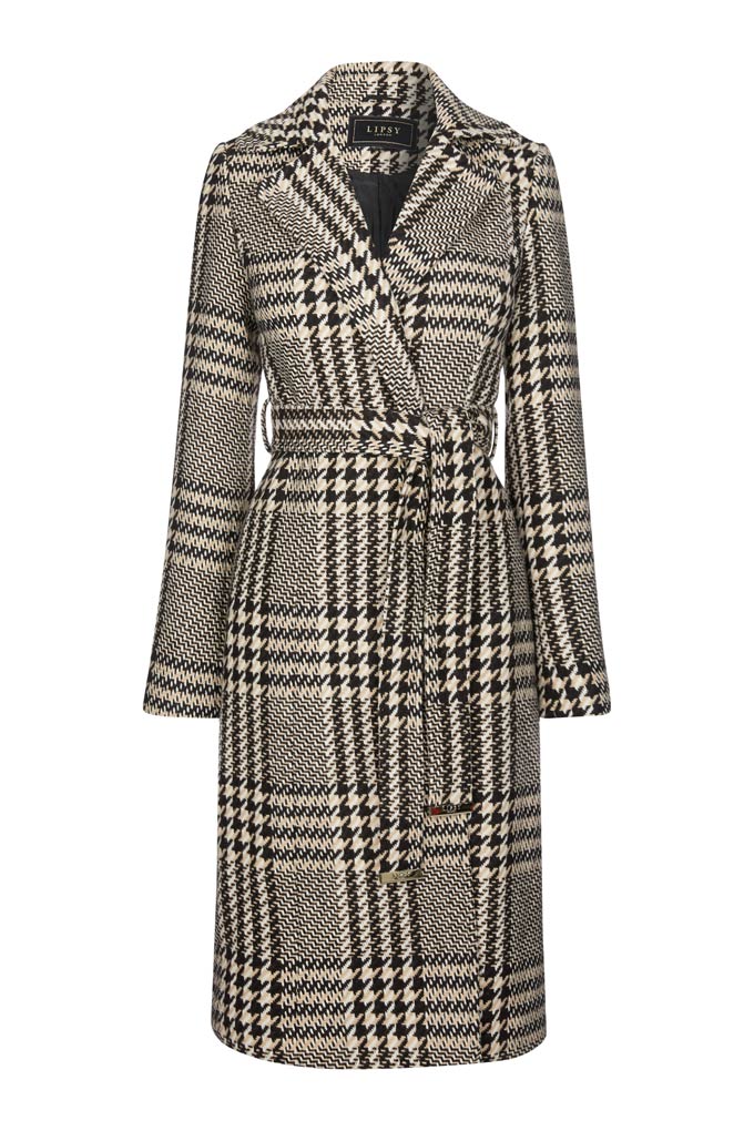 A black and white check overcoat. Image by Lipsy.