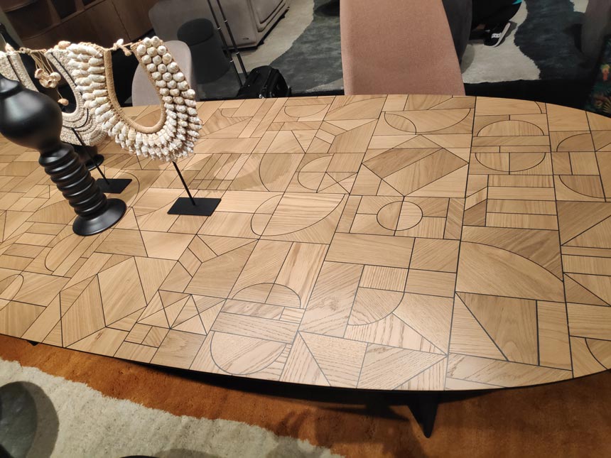 It's all about geometric shapes. The top surface of a dining table from Roche Bobois captured at Salone del Mobile in Milan 2019.