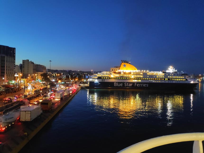 View of the port of Piraeus whilst on board on a ferry just before leaving at dawn.