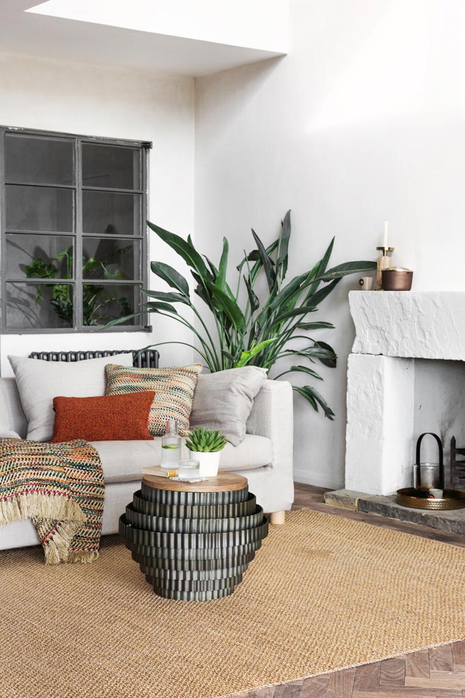 Green living continues to trend. A bright white living space with a white fireplace, a large plant next to it filling the gap between the white sofa and the fireplace. Image via Amara.