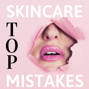 A woman's mouth wearing a pink lipstick seen through a pink paper peephole. The text reads "top skincare mistakes."