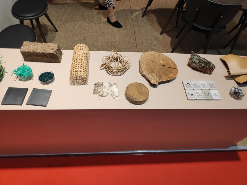 Natural materials laid on table display during the Salone del Mobile 2019 fair in Milan, at the booth of Mater - a sustainable furniture brand. Sustainability is a mega design trend still on the rise in 2020.