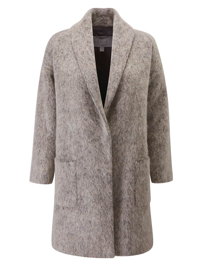 A silver gray wool coat. Image by Pure Collection.