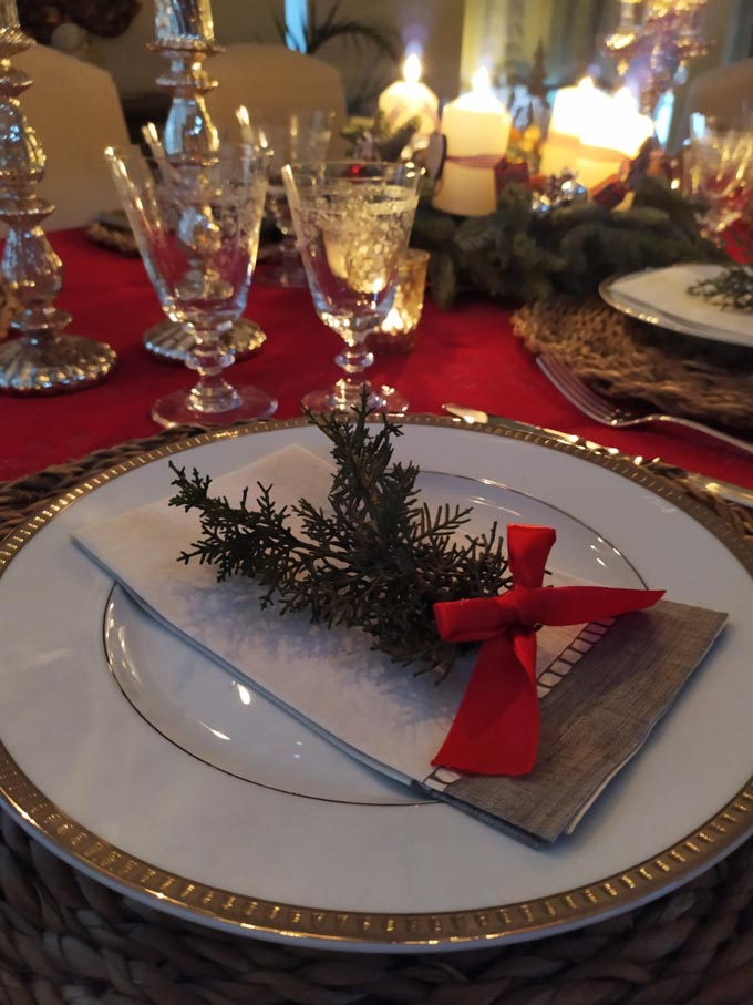 Close up of a table setting for Christmas.