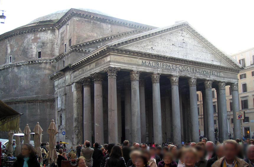 The Pantheon in Rome with a big crowd outside. One of the iconic buildings to see. Image by Velvet.