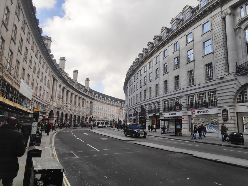 View of Regents Street in London on a cloudy day (landscape format).