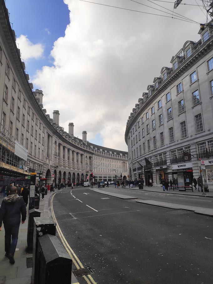 View of Regents Street in London on a cloudy day (portrait format).