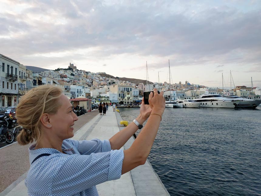 Velvet taking a smartphone picture while in Hermoupolis, Syros.