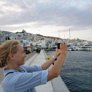 Velvet taking a smartphone picture while in Hermoupolis, Syros.